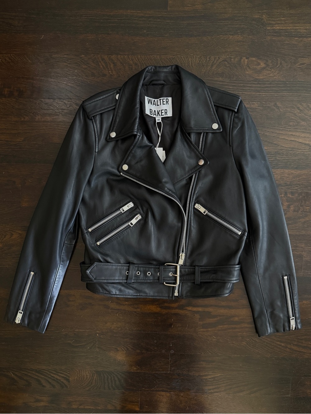 Walter Baker Black Leather Moto Biker Jacket with Belt